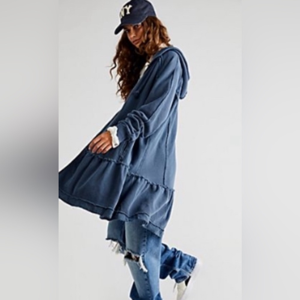 Free People Kara Cardi Hoodie Jacket with ruffled bottom and two way zip